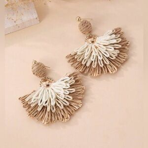 Chic Boho Gold Cream Neutrals Woven Raffia Dangle Women’s Summer Earrings